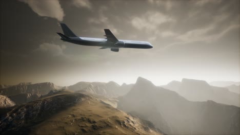 Passenger-aircraft-over-mountain-landscape